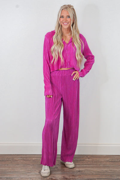 Black Pleated Satin Wide Leg Pants Set, Purple Door