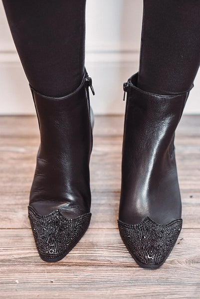 Black booties with fashion rhinestones