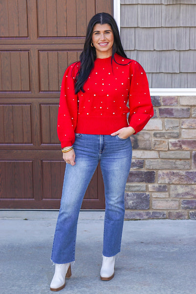 Red sweater 2025 with pearls