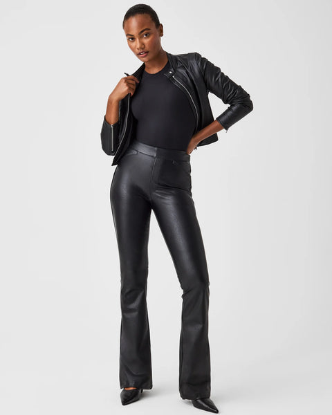 Spanx Petite Flare Leather Like Pants In Luxe Black