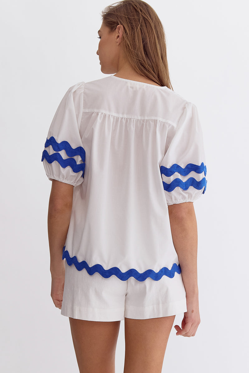 Entro ric rack white royal blue babydoll top