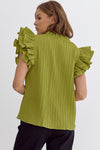 Entro Avocado green textured top with ruffled details