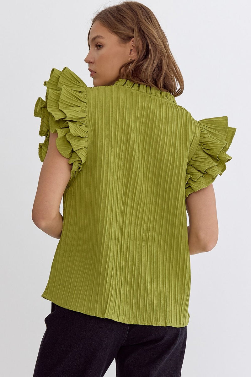 Entro Avocado green textured top with ruffled details