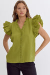 Entro Avocado green textured top with ruffled details