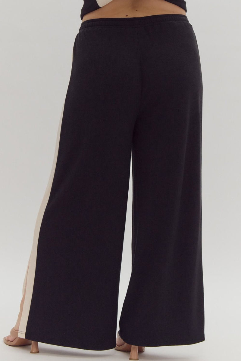 Entro Black ribbed textured knit pants with cream trim