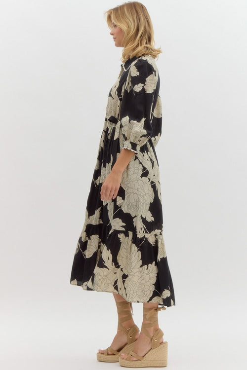 women's black floral print midi dress