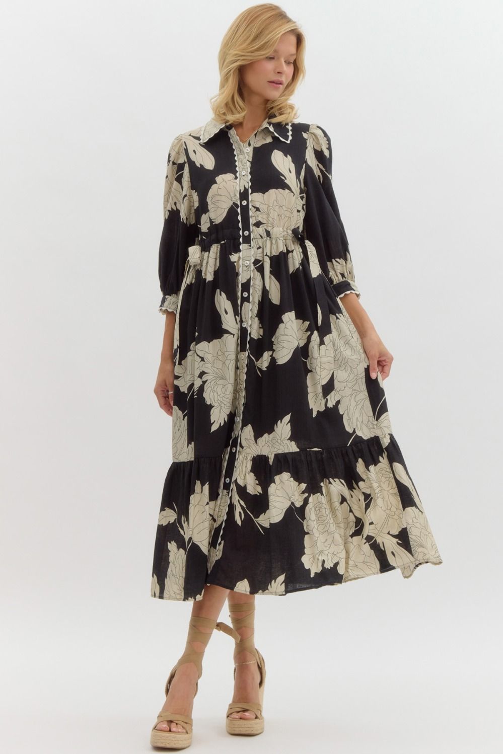 women's black floral print midi dress