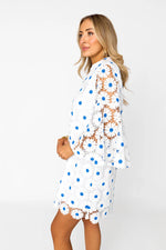 BuddyLove Wren Ultramarine dress, white and blue embroidered floral lace design