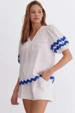 Entro ric rack white royal blue babydoll top