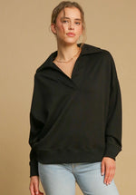 Umgee black scuba luxe knit polo style pullover top with dolman long sleeves