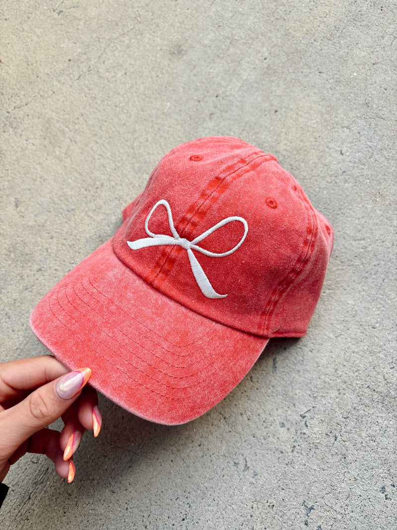 Distressed vintage couture red bow baseball cap