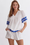 Entro ric rack white royal blue babydoll top