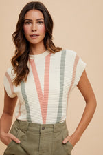 Anniewear Ivory sweater knit dolman top with light coral, sage, and mocha v stripes