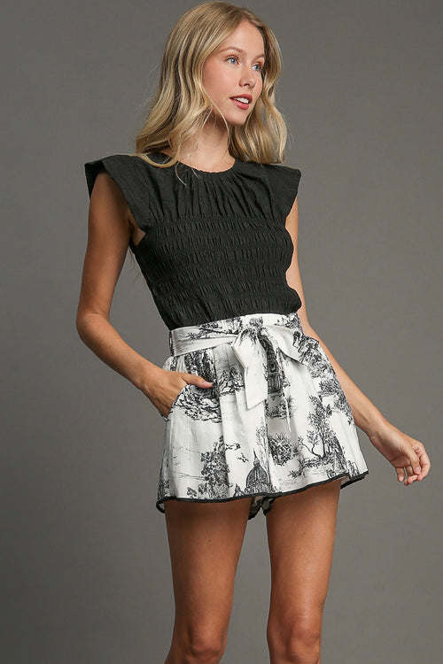 Umgee Ivory bow tie waist shorts with traditional Black Willow print