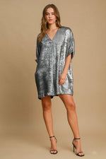 Umgee metallic foil gunmetal gray shift dress