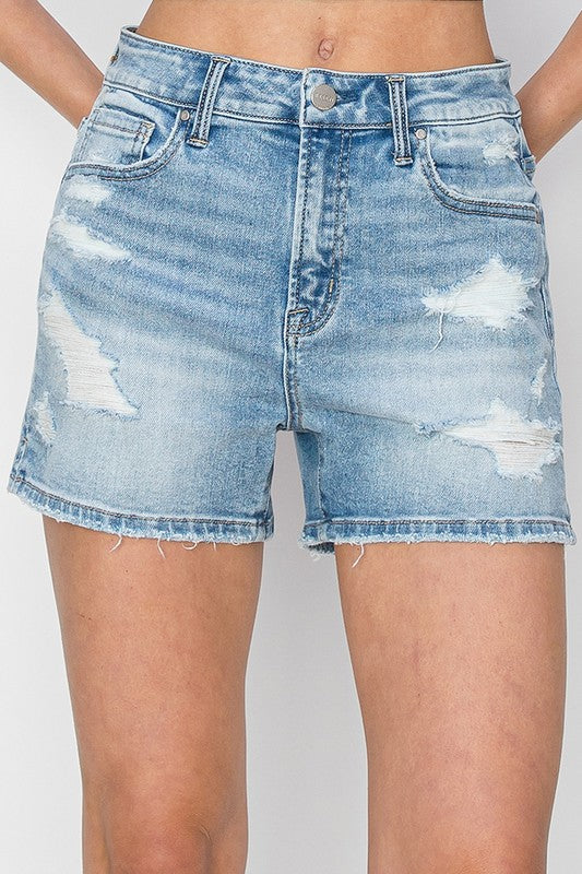 Risen high rise side slit distressed denim shorts