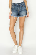 Risen dark washed high rise denim shorts with frayed hem