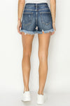 Risen dark washed high rise denim shorts with frayed hem