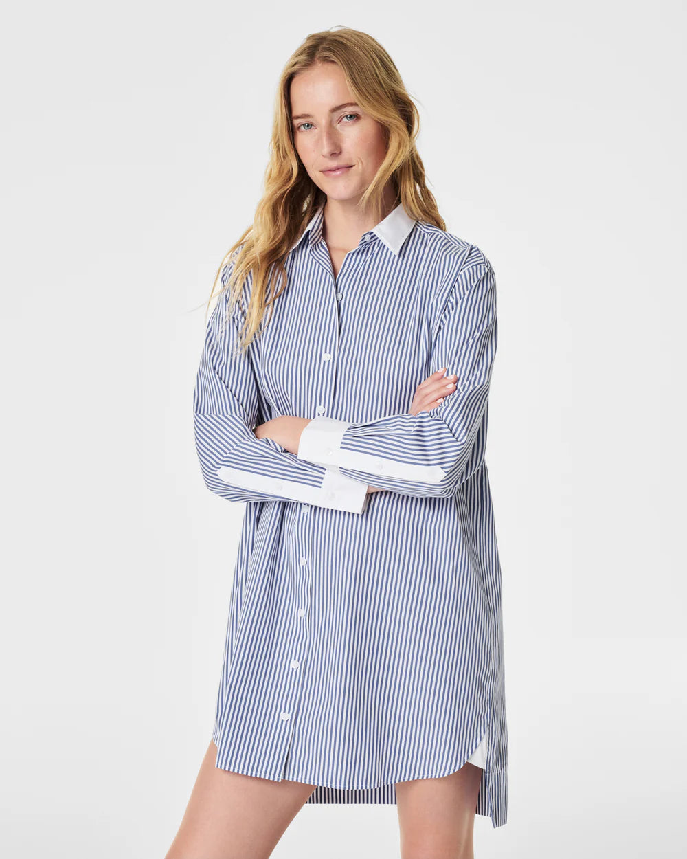 spanx the best poplin striped shirt dress