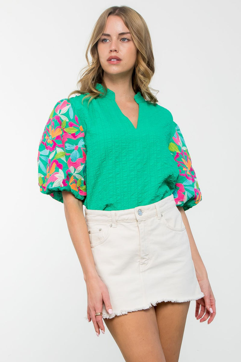 THML Green Embroidered Sleeve Top