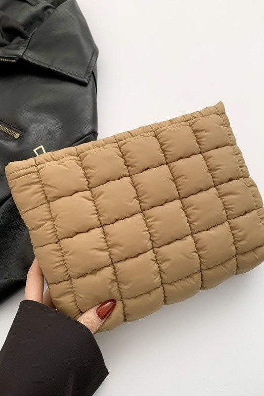 Tan quilted puffy makeup bag