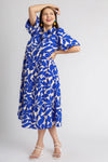Leaf Print Blue Midi Dress