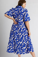 Leaf Print Blue Midi Dress