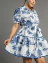 Umgee Ivory tiered dress with traditional Blue Willow print