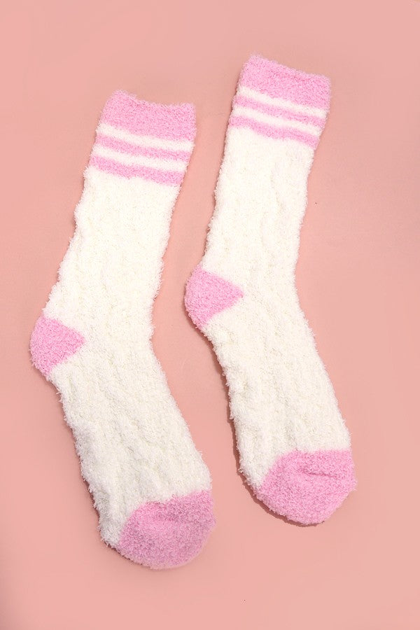 white and pink striped fuzzy socks