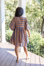 mocha tan babydoll blue ribbon stripe dress