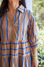 tan blue ribbon stripe babydoll midi dress