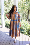 tan blue ribbon stripe babydoll midi dress