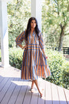 tan blue ribbon stripe babydoll midi dress