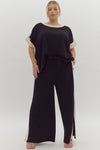 Entro Black ribbed textured knit top with cream trim