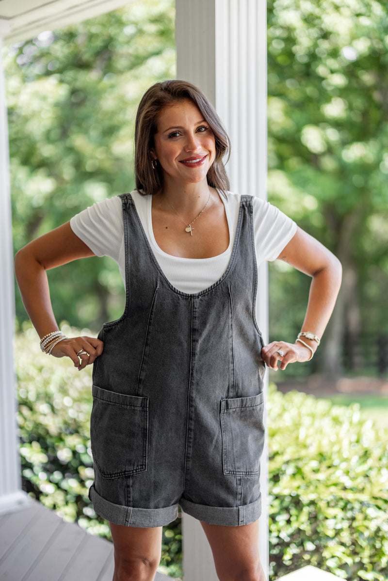 black denim overall style romper