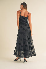 Mable Black sleeveless maxi dress with black floral 3d appliques 