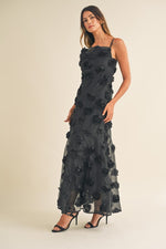 Mable Black sleeveless maxi dress with black floral 3d appliques 