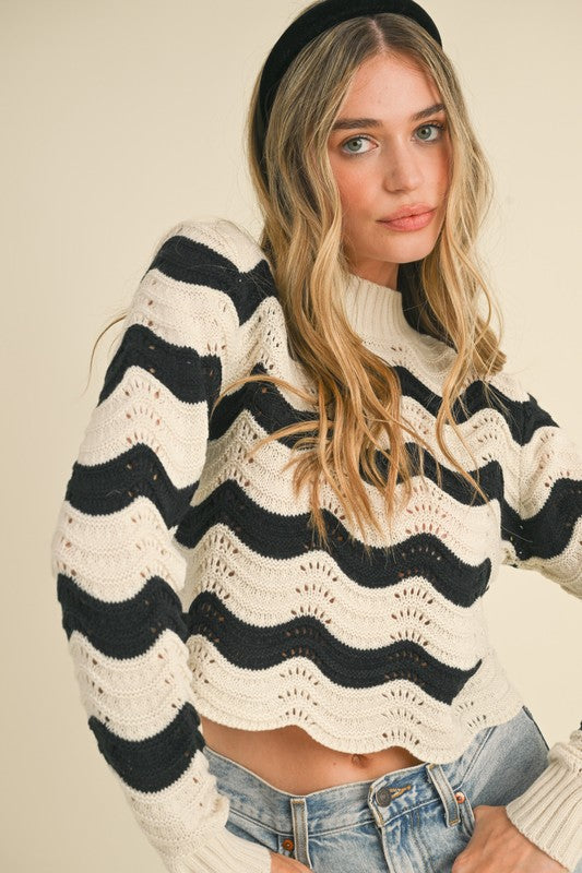 &merci Black and ivory wave striped sweater knit top with scalloped eyelet details