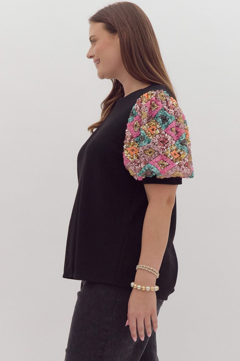 Entro Plus Black soft knit top with multicolor sequin puff sleeves