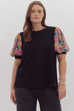 Entro Plus Black soft knit top with multicolor sequin puff sleeves