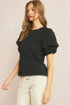 Entro Black blouse with ruched puff sleeves