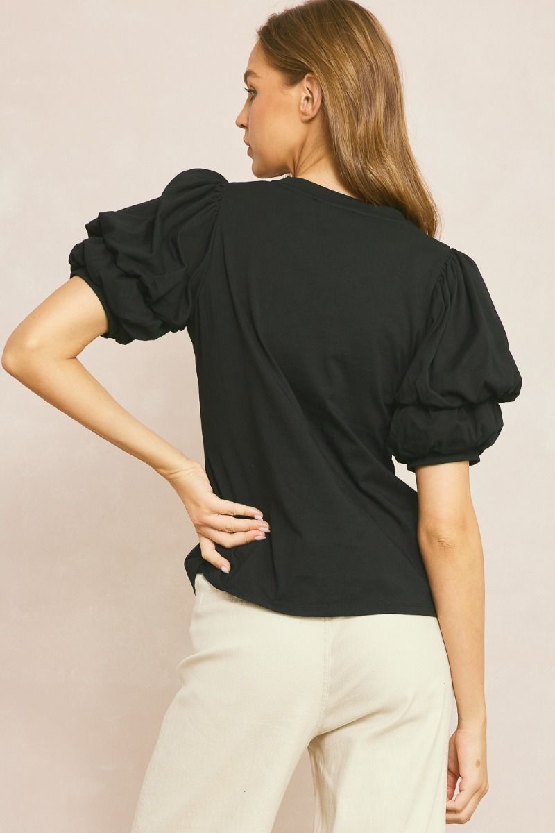 Entro Black blouse with ruched puff sleeves