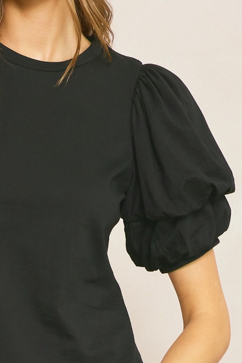 Entro Black blouse with ruched puff sleeves