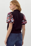 Jodifl Black knit mock neck top with multicolor sequin floral puff sleeves