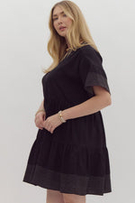 Entro Black tiered dress with cream scalloped embroidery trim