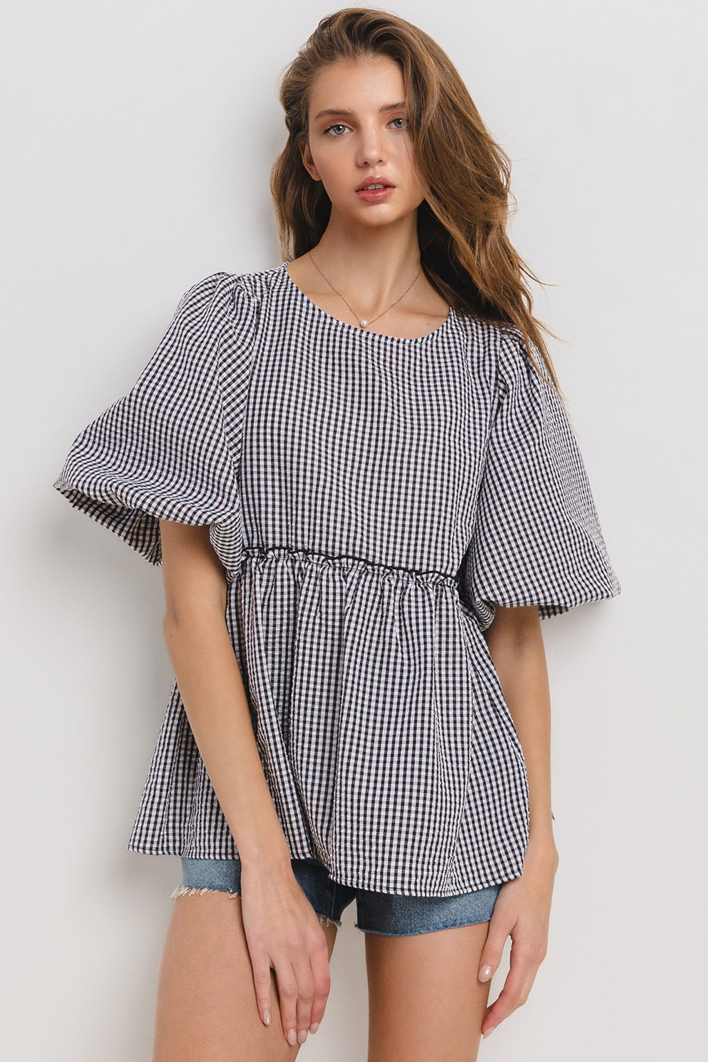 Ces Femme & Time After Time Black and white gingham print puff sleeve ruffle tiered top