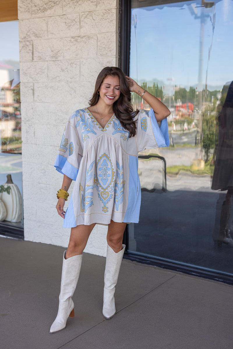 boho fall blue embroidered babydoll dress