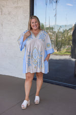 boho fall blue embroidered babydoll dress