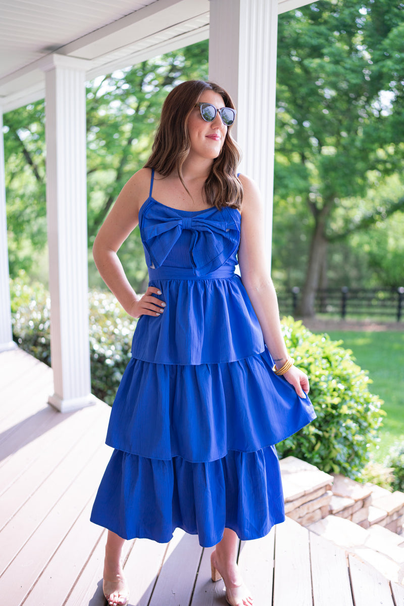 classy sophisticated blue bow midi dress