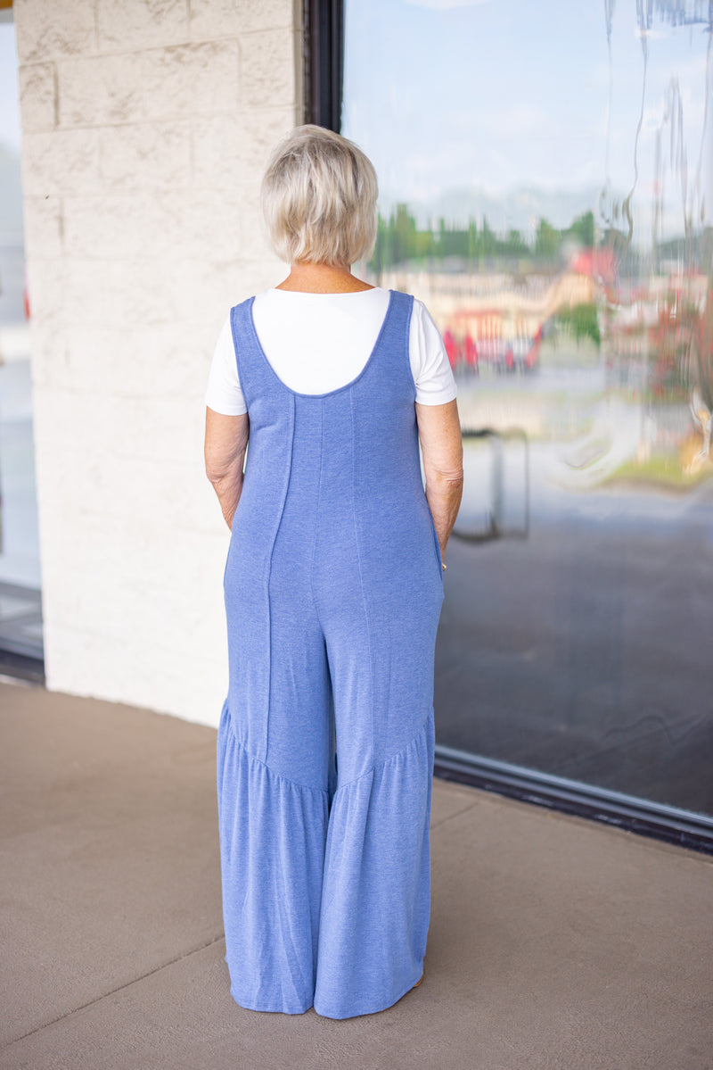 soft blue flowy leg casual jumpsuit